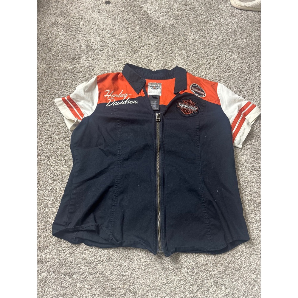 Harley-Davidson Womens XL Zip Up Shirt Black Orange Colorblock 99170-17VW